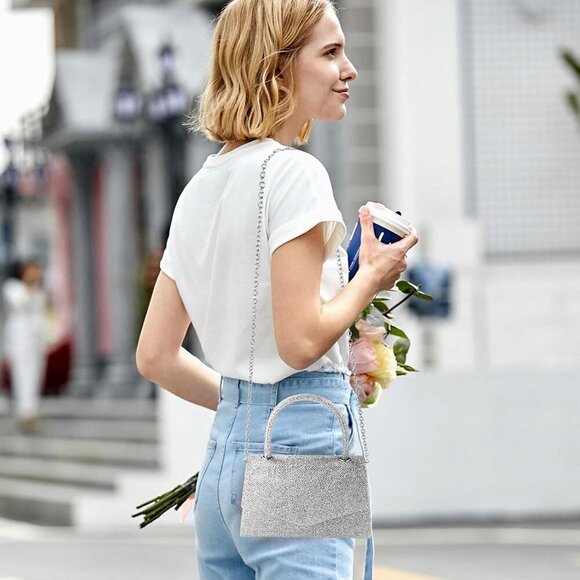 🆕Women Silver Leather Evening Clutch Purse with Detachable Chain, Crossbody - Picture 6 of 7